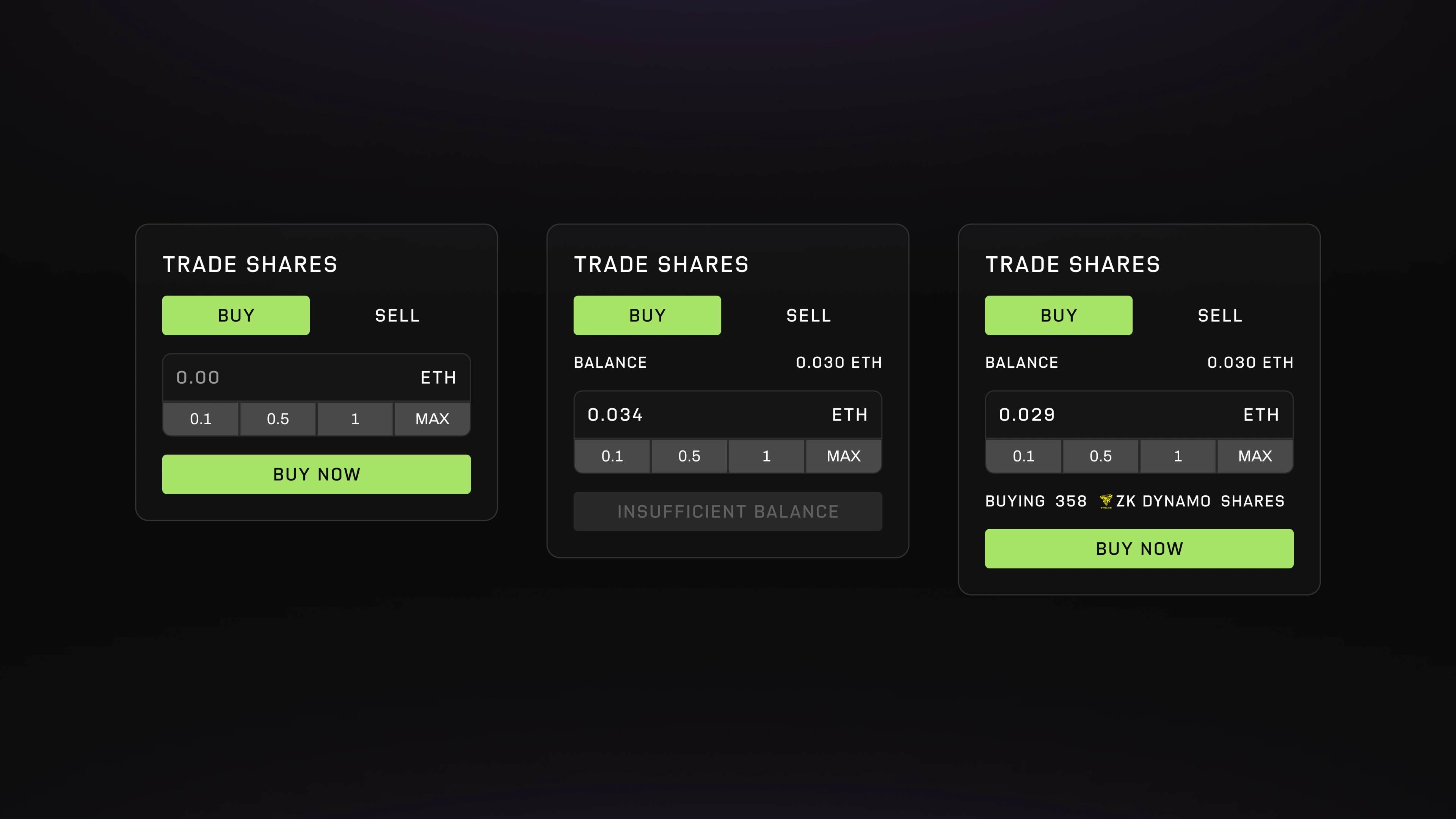 Buy widget showing empty state, insufficient balance, and confirmed purchase