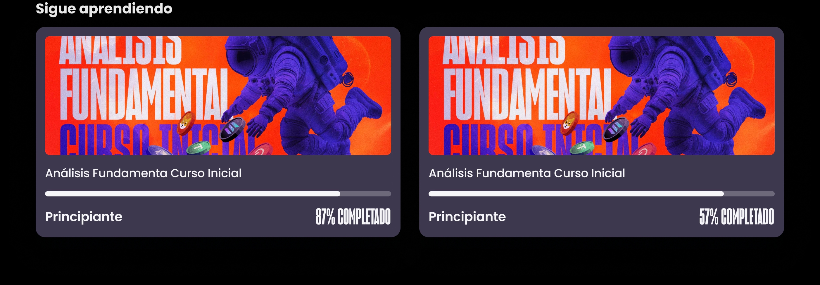 Keep learning row, the last two in-progress courses with progress bars