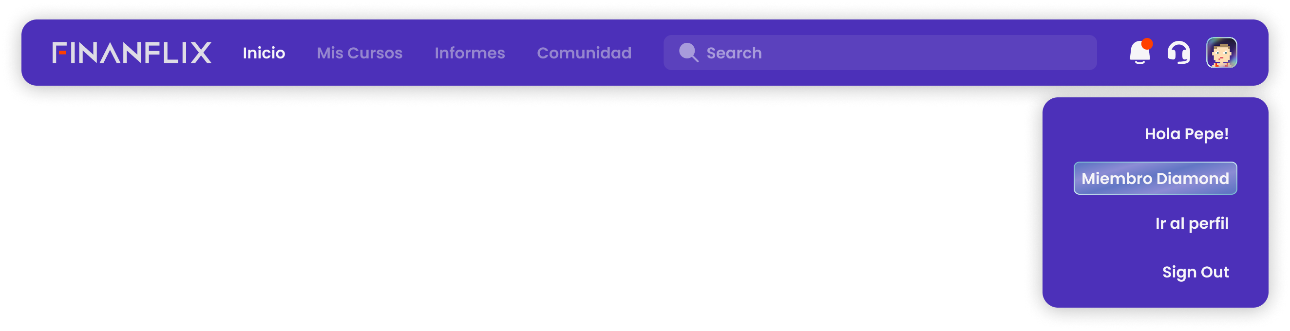 Redesigned Finanflix navbar with the profile dropdown open