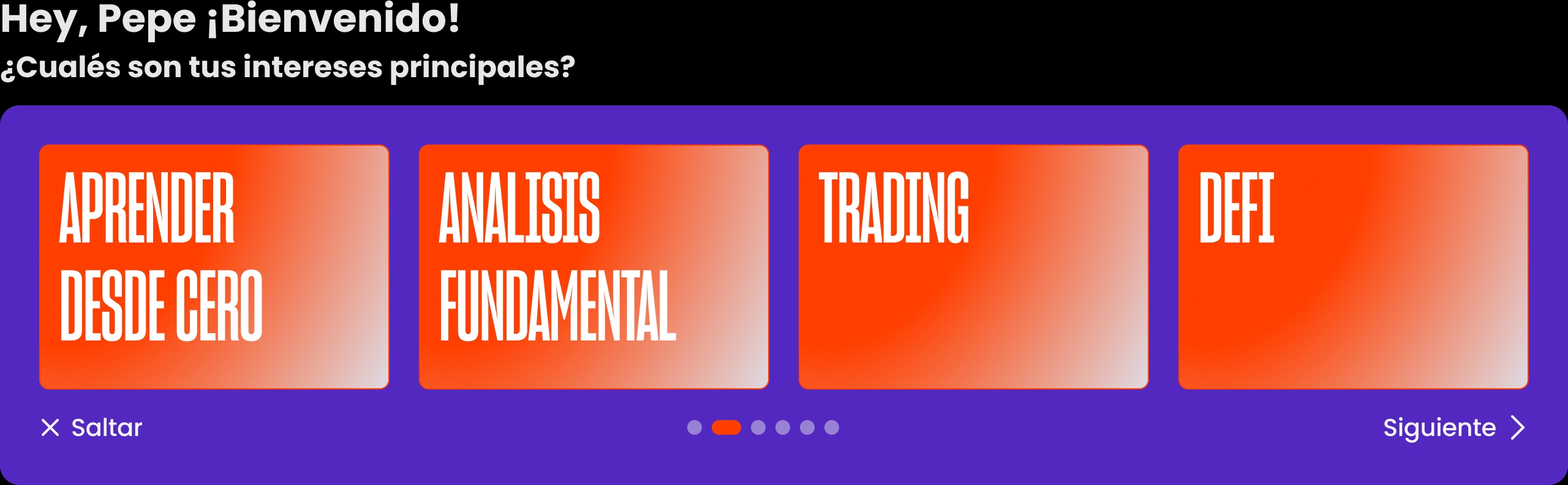 Onboarding interests question, selectable cards with progress dots