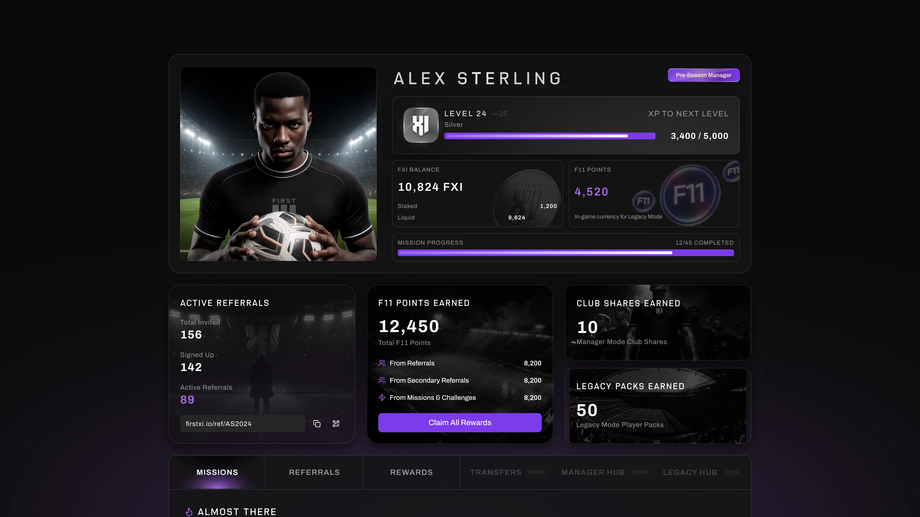 First XI user profile interface — Desktop
